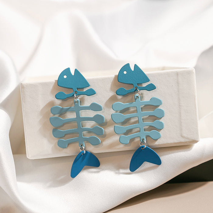 Blue Articulated Fish Skeleton Novelty Drop Earrings