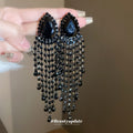 Black Crystal Beaded Waterfall Fringe Statement Stud Earrings view 2