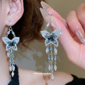 Blue Crystal Butterfly Long Tassel Stud Earrings Statement Pair view 1
