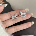Silver Tone Clear Accent Rocking Horse Stud Earrings view 2