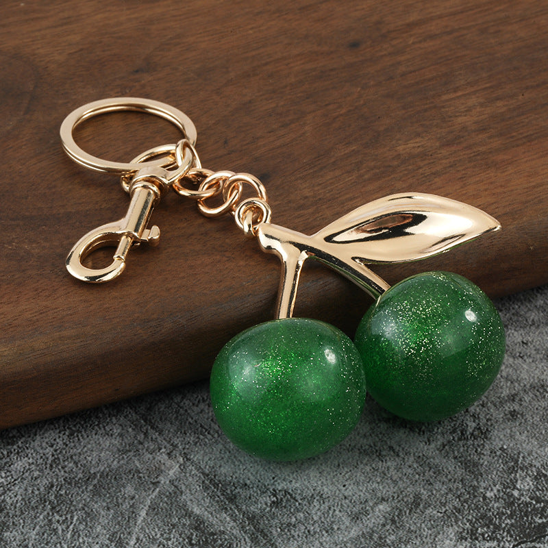 Red Resin Cherry Metal Keychain Shiny Fruit Bag Charm Pendant