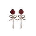 Red and Black Flocked Rose Bow Pearl Look Dangle Earrings view 5
