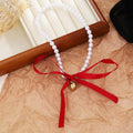 Faux Pearl Choker Necklaces Satin Ribbon Bow Gold Heart view 2