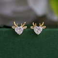 Gold Tone Heart Antler Reindeer Clear Stone Stud Earrings view 2