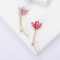 Enamel Magnolia Flower Stem Brooch Pink Red Gold Tone Pin view 4