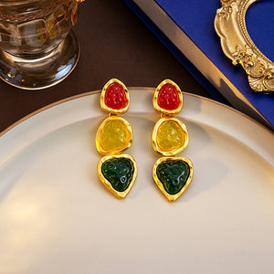 Tricolor Heart Drop Earrings in Gold-Tone Alloy, Red Yellow Green