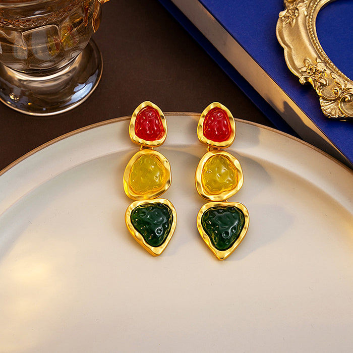 Red Yellow and Green Triple Rounded Triangle Earrings