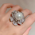 Silver Tone Camellia Flower Pearl Ring Pave CZ Sizes 6-10 view 3