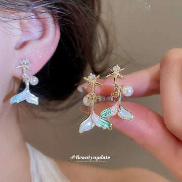 Mermaid Tail Pearl Drop Ear Clips in Gold and Silver