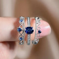Deep Blue Oval Stone Ornate Three-Ring Set In Silver Tone view 2