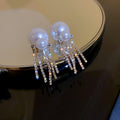 Pearl Top Earrings With Crystal Chain Fringe Fashion Jewelry Accessories view 4