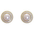 Gold Pearl Sunburst Stud Earrings Clear CZ Beaded Halo Pair view 5
