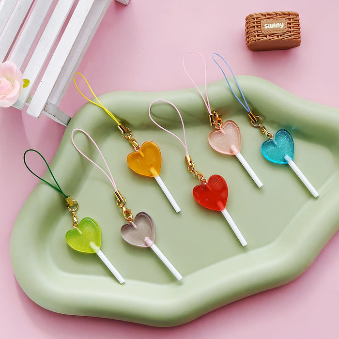 Translucent Heart Lollipop Phone Strap Charms in Six Colors
