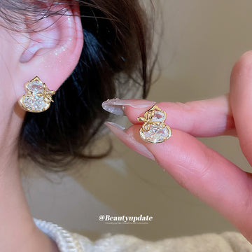 Gold Gourd Shape Crystal Stud Earrings with Layered Curves