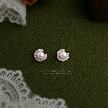 Rose Gold Pearl Crescent Pave Open Halo Stud Earrings