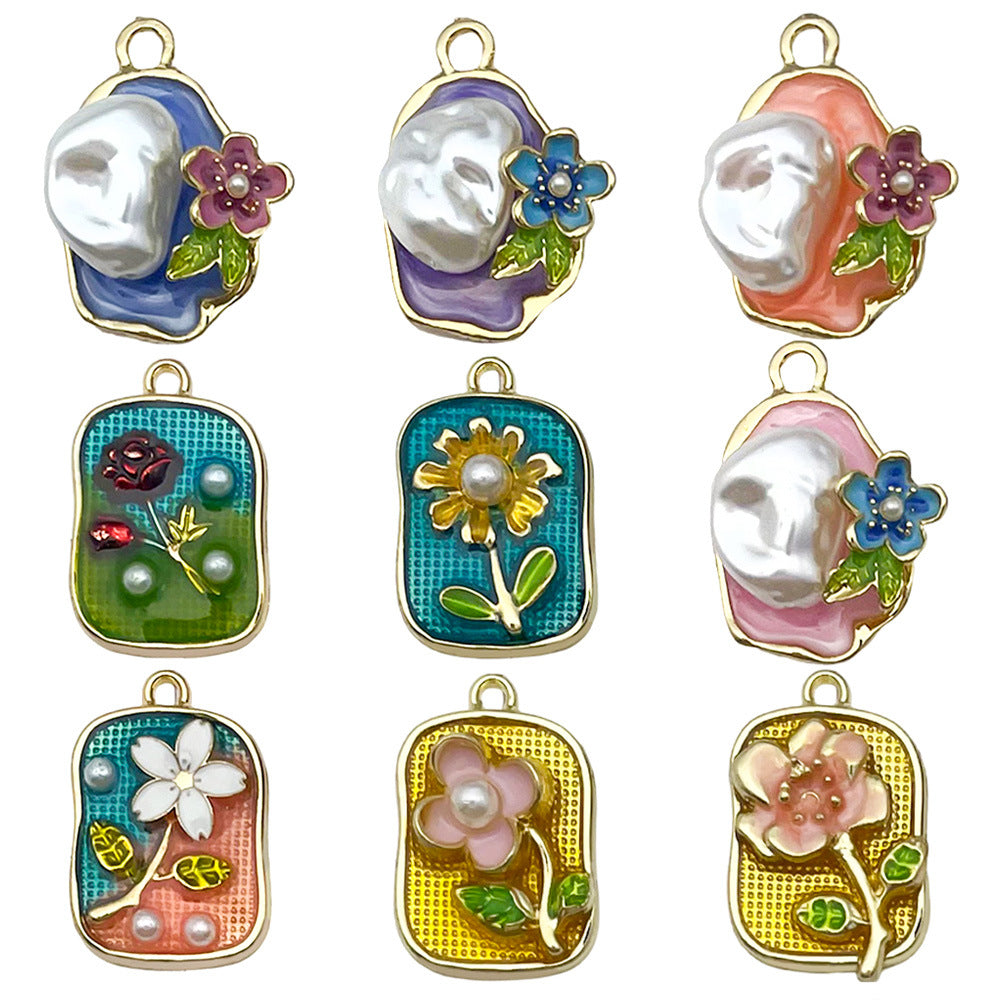 Zinc Alloy Vintage Flower Oil Painting Enamel Charm Pendant for DIY Hair Jewelry