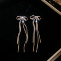 Crystal Bow Chain Tassel Earrings in Gold and Silver Tones view 7