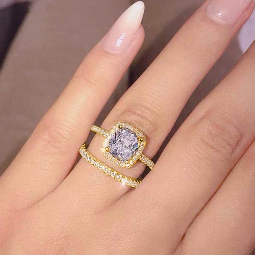 Cushion Halo Two Band Ring Set in Three Metal Tones, alternate angle.