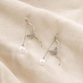 Silver Butterfly Branch and Pearl Look Long Stud Earrings view 3