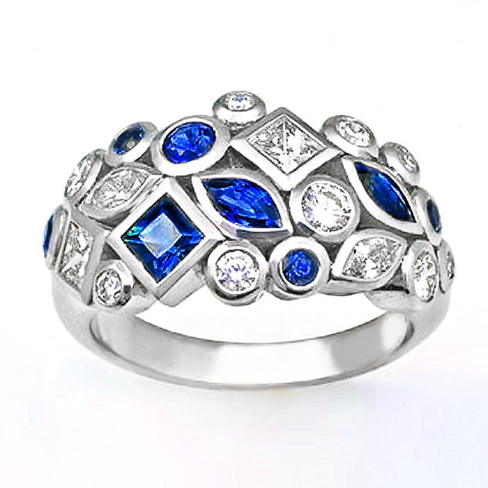 Blue Geometric Crystal Band Ring in Polished Metal