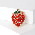 Gold Tone Red Crystal Strawberry Brooch With Green Leaf Top view 2