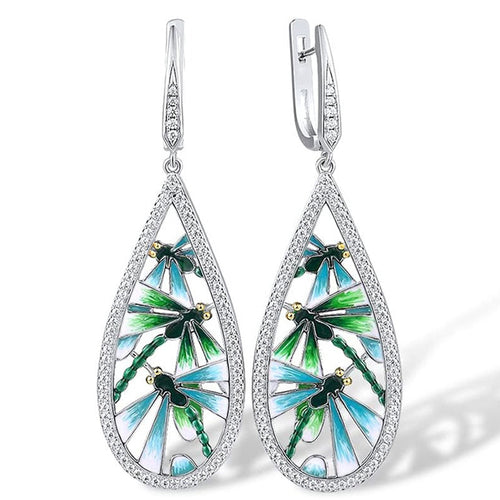 Dragonfly Pattern Teardrop Drop Earrings Metal Jewelry Design shown in an additional product view