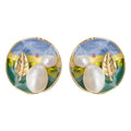 Gold Round Enamel Landscape Stud Earrings Pearl Leaf Accents view 5