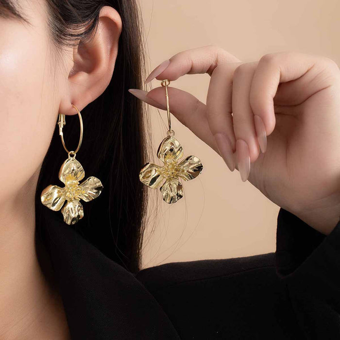 Textured Gold Tone Flower Open Hoop Statement Earrings
