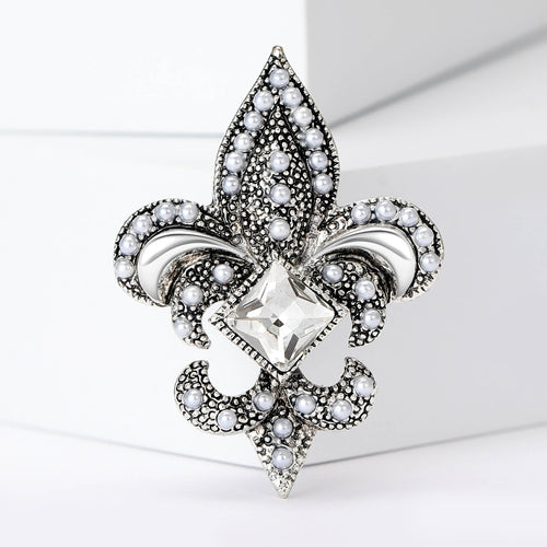 Crystal Fleur De Lis Brooch in Silver and Antique Gold front view on a white background