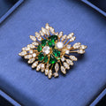 Gold Green Crystal Starburst Leaf Brooch Clear Center Stones view 4