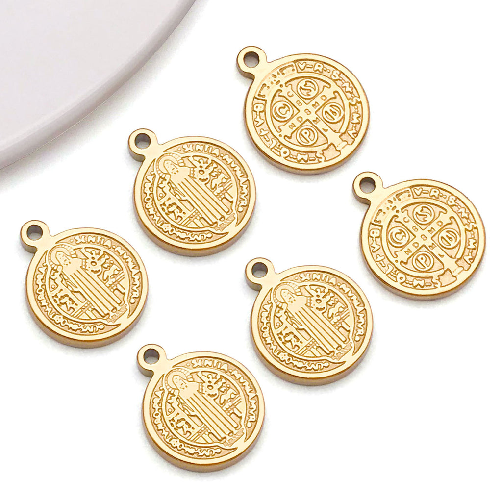 Gold Stainless Steel Round Cross Tag Charm Pendant for DIY Bracelet Necklace Jewelry