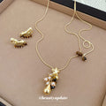 Gold Star Pearl Necklace Stud Earrings Tiger Eye Beads view 3
