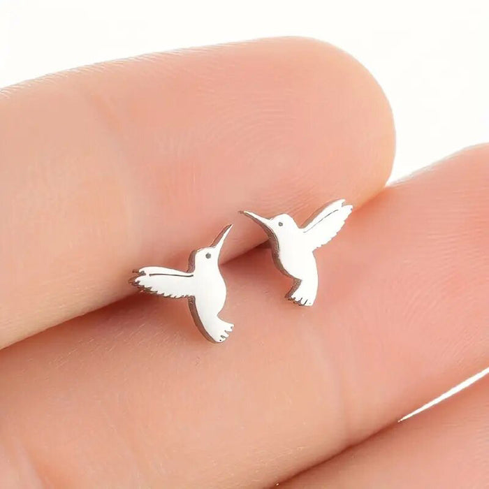Mini Hummingbird Stud Earrings Flat Silhouette Metal Pair