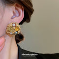 Gold Tone Round Floral Stud Earrings With Pearl Like Accents view 3