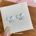 Light Blue Bow Crystal Tassel Stud Earrings Statement Jewelry view 3
