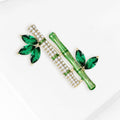 Twin Bamboo Stem Brooch With Clear Crystals and Green Leaves view 3