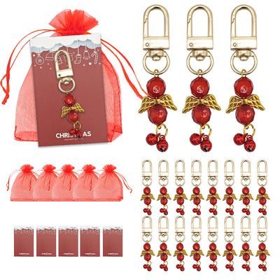 Red bead angel wing jingle bell keychains with red bags and Christmas cards