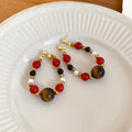 Gold Red Black Pearl And Tiger Eye Loop Earrings Statement Jewelry view 6