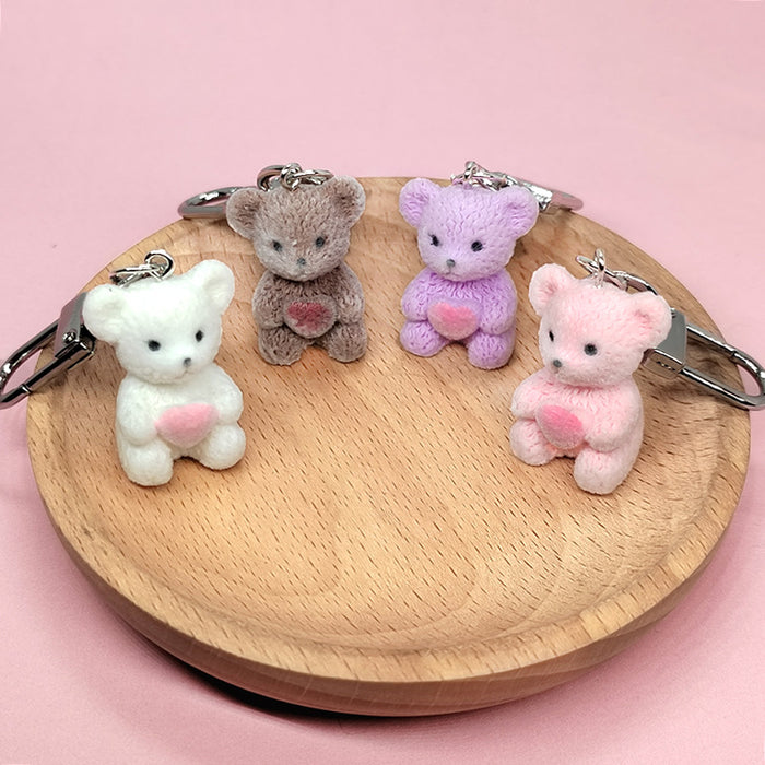 Flocked Heart Teddy Bear Keychains Lobster Clasp 4 Colors