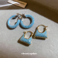Blue Beaded Geometric Hoop Earrings in Round and Trapezoid Shapes view 3