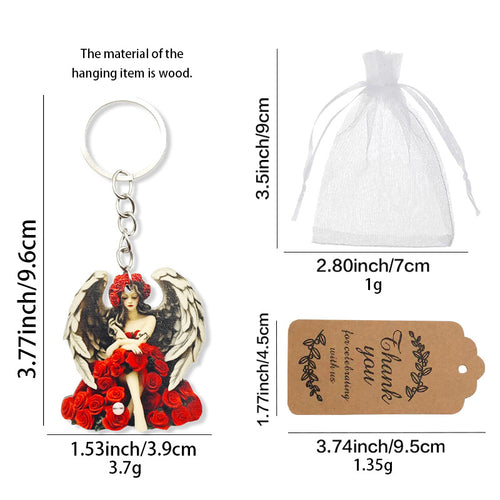 Size chart for angel red roses wood keychain bag and thank-you tag