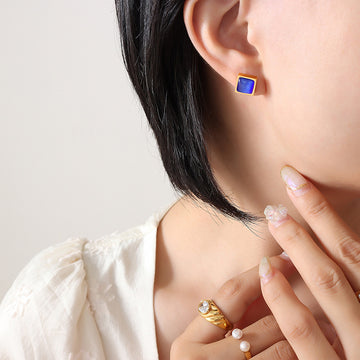 Square Tiger Eye Cat Eye Stud Earrings Gold Steel Frames