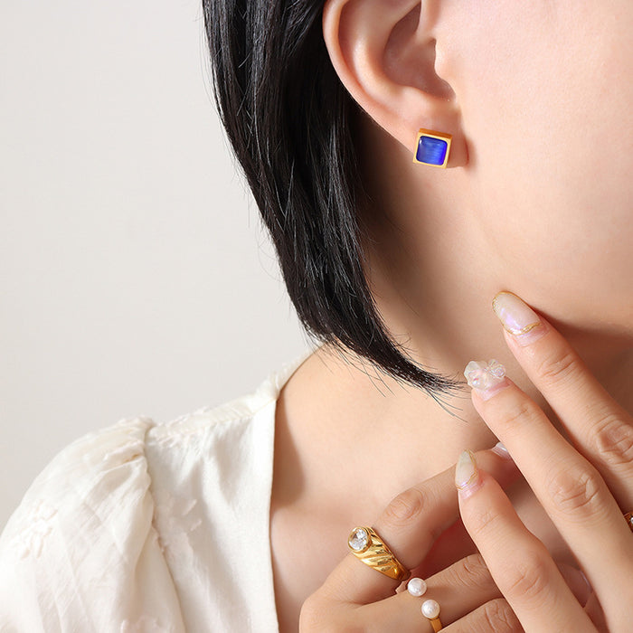 Square Tiger Eye Cat Eye Stud Earrings Gold Steel Frames