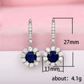Silver Royal Blue Round Halo CZ Leverback Drop Earrings view 5