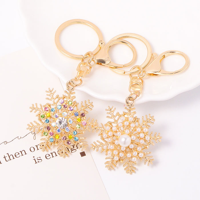 Gold Snowflake Keychain Multicolor Rhinestone Pearl Styles