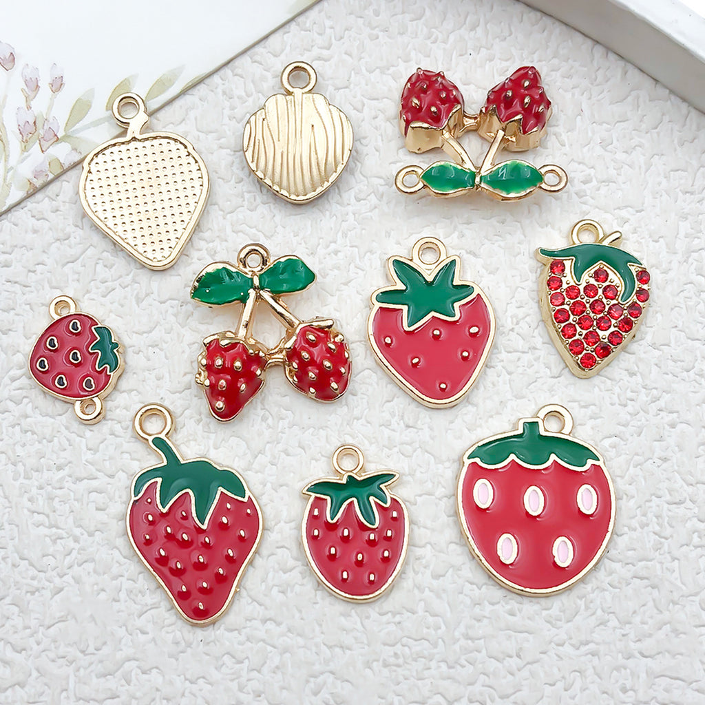 Enamel Zinc Alloy Red Strawberry Fruit Charm Pendant for Earrings Bracelets and Necklaces