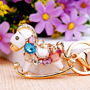 Multicolor Jeweled Rocking Horse Keychain with White Enamel