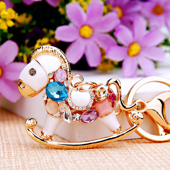 Multicolor Jeweled Rocking Horse Keychain with White Enamel