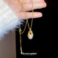 Gold Tone Crystal and Faux Pearl Drop Pendant Necklace view 4