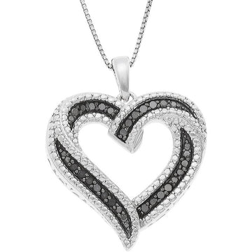 Silver Tone Open Heart Black Clear Stone Pendant Necklace
